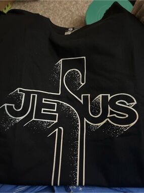 Black Short-Sleeve Graphic Tee with White 'JESUS' Cross Print
